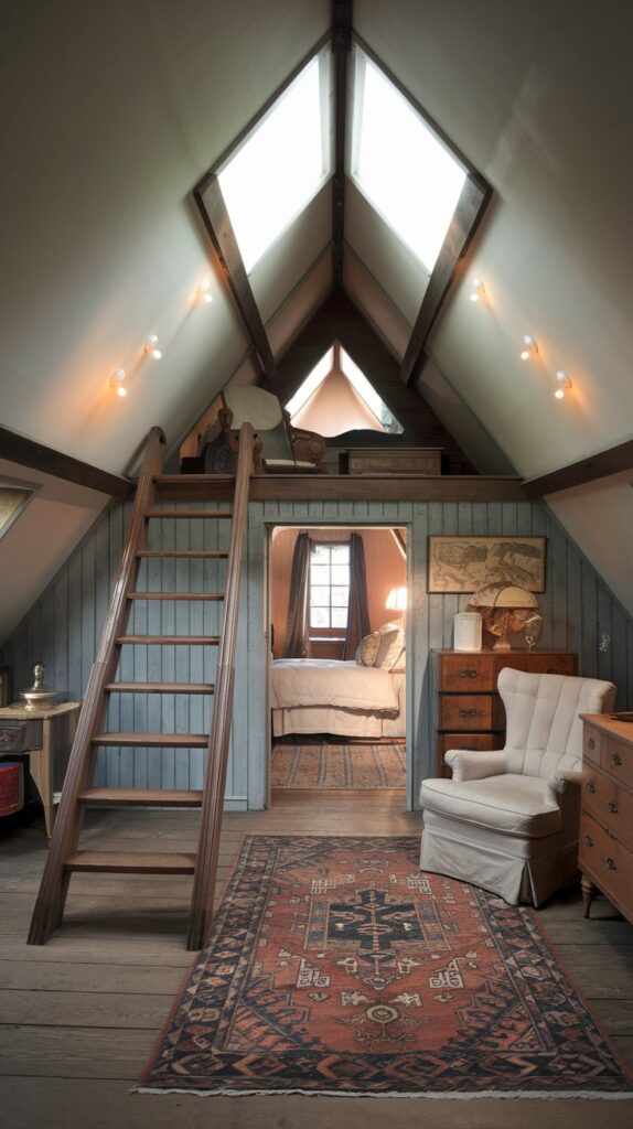 cozy attic bedroom in vintage style