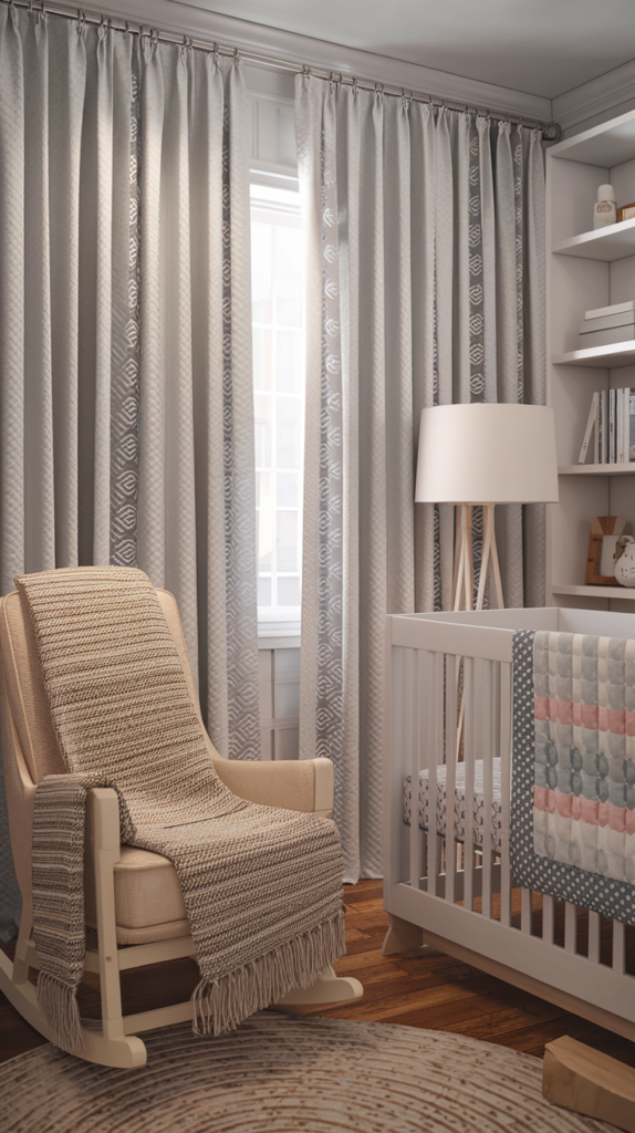 a nursery room with a woven throw blanket on the rocking chair, a quilted blanket on the crib, patterned curtains in soft gray.