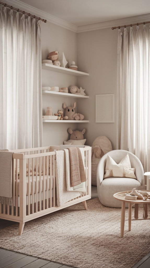 a nursery room with a neutral color theme, a white wooden crib, textured throws, and blankets, sheer white curtains.