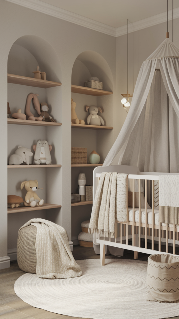 a nursery room with a neutral color theme, a white wooden crib, textured throws, and blankets, sheer white curtains.