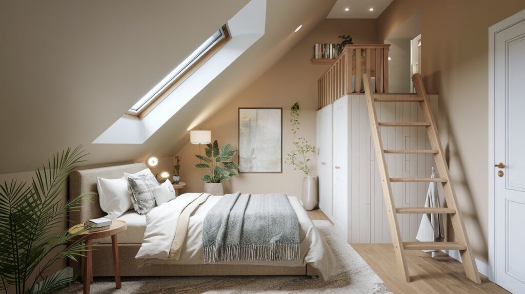 half-attic bedroom with plants, bed and stairs