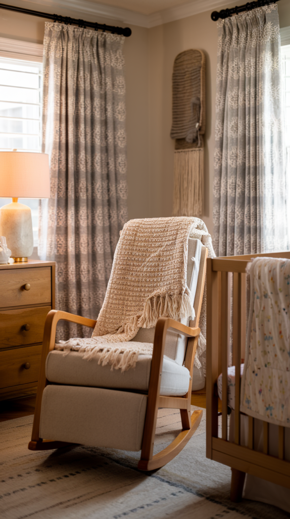 a nursery room with a woven throw blanket on the rocking chair, a quilted blanket on the crib, patterned curtains in soft gray.