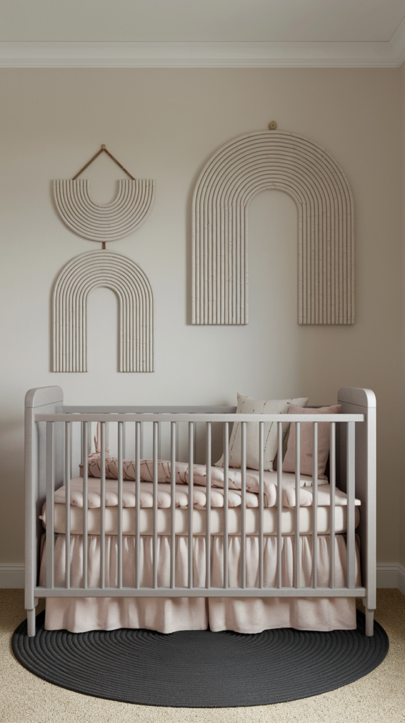 a nursery room with light gray crib, soft beige bedding, dark gray rug, beige and white macrame wall art