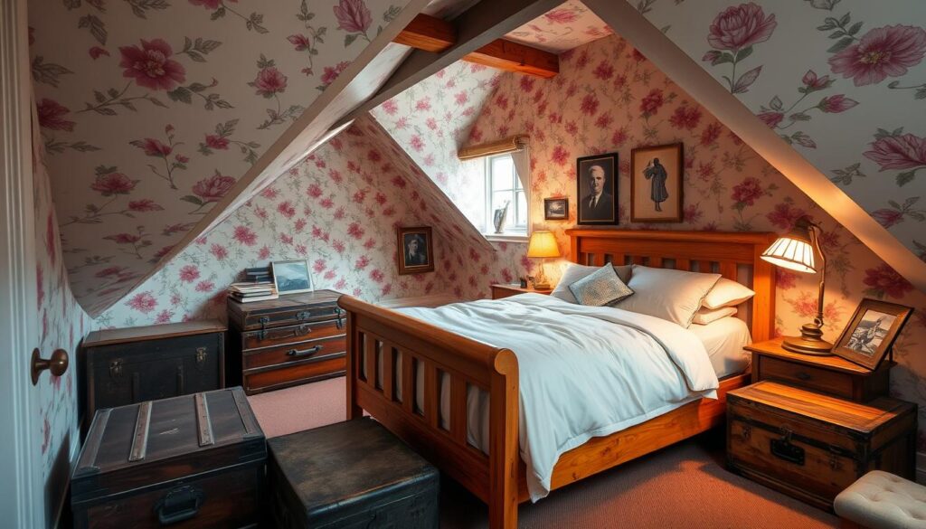 Cozy attic bedroom with sloped ceilings, vintage floral wallpaper.