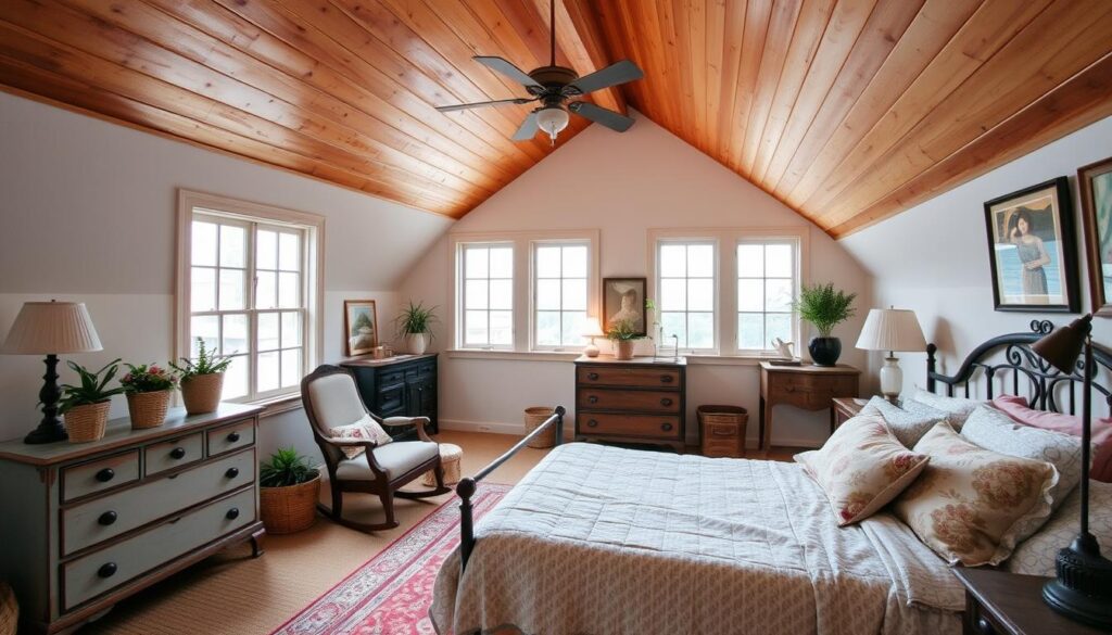 A cozy attic bedroom featuring a blend of modern comfort and vintage charm