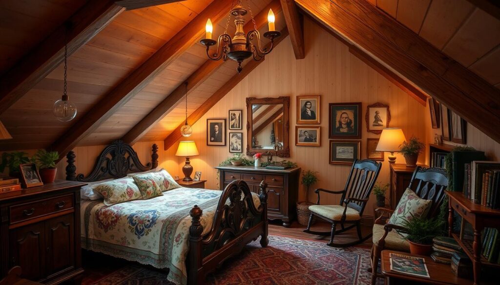 A cozy attic bedroom with vintage decor