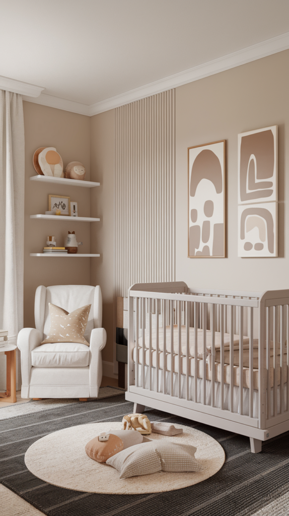 a nursery room with light gray crib, soft beige bedding, dark gray rug, beige and white wall arts