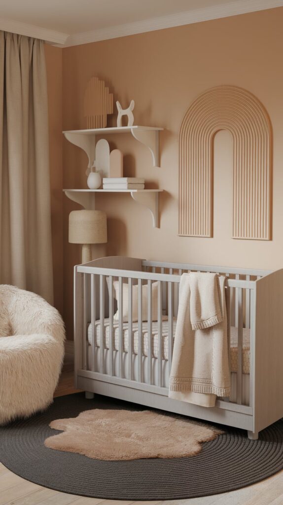 a nursery room with light gray crib, soft beige bedding, dark gray rug, beige and white wall art.