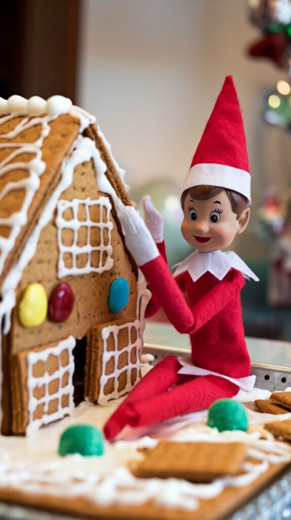 Elf Builds a Gingerbread House