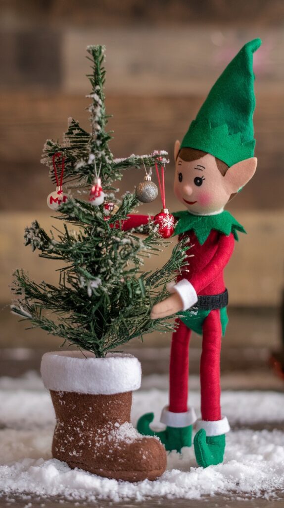 Elf Brings a Mini Christmas Tree