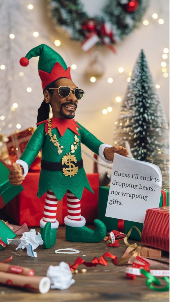 a snoop doll surrounded by gifts and a note saying "Guess I’ll stick to dropping beats, not wrapping gifts."