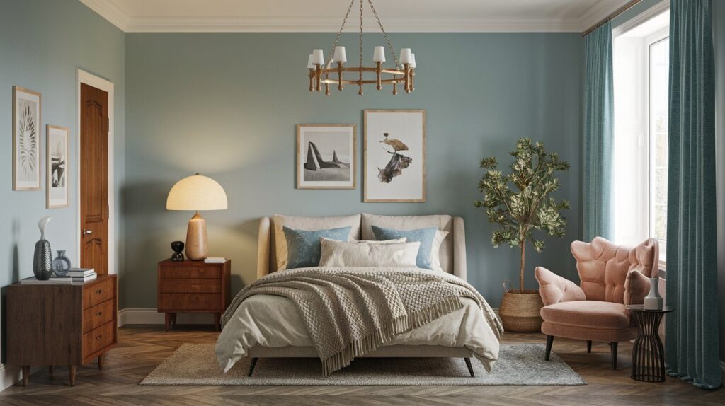 a Modern grandma core bedroom for a cozy yet chic space. mid-century modern with a little touch of fantasy.