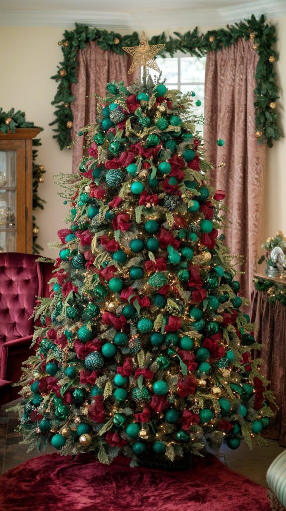 Burgundy and Emerald Christmas Tree Decor