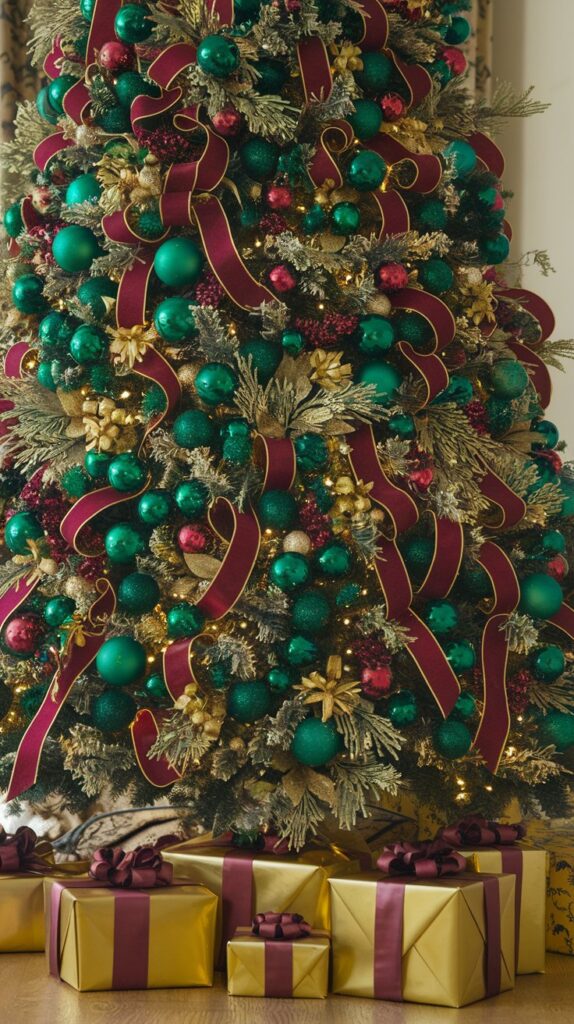 Burgundy and Emerald Christmas Tree Decor