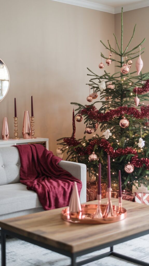 Burgundy and Rose Gold Living Room Decor