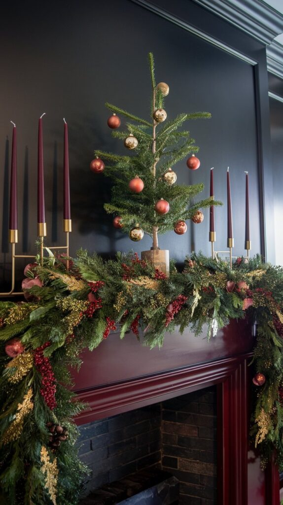 Burgundy and Gold Fireplace Mantel Decor