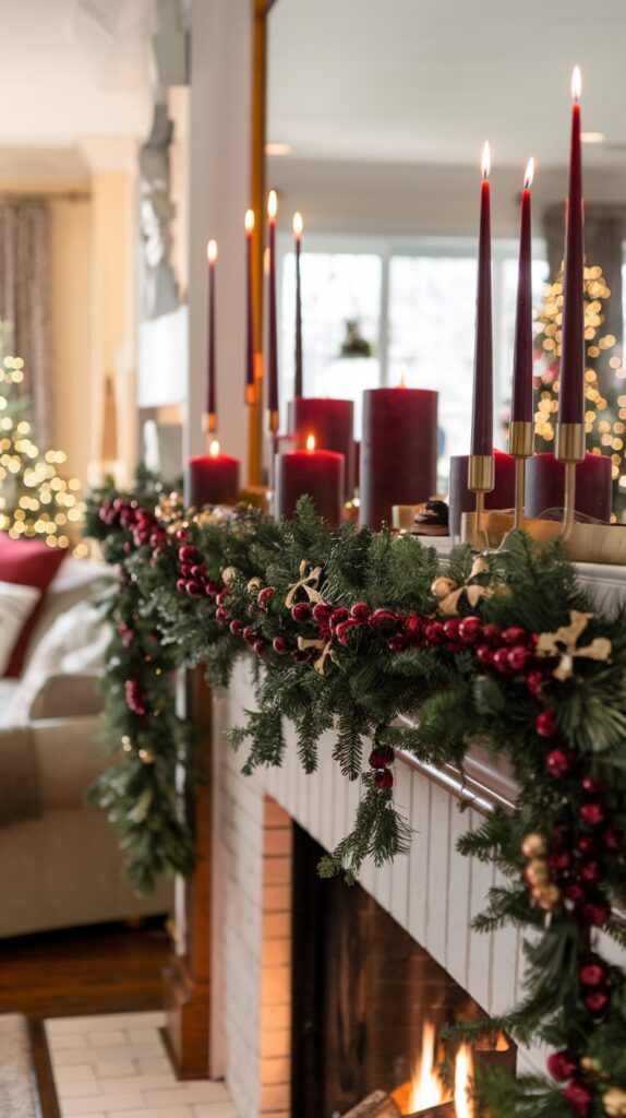 Burgundy and Gold Fireplace Mantel Decor