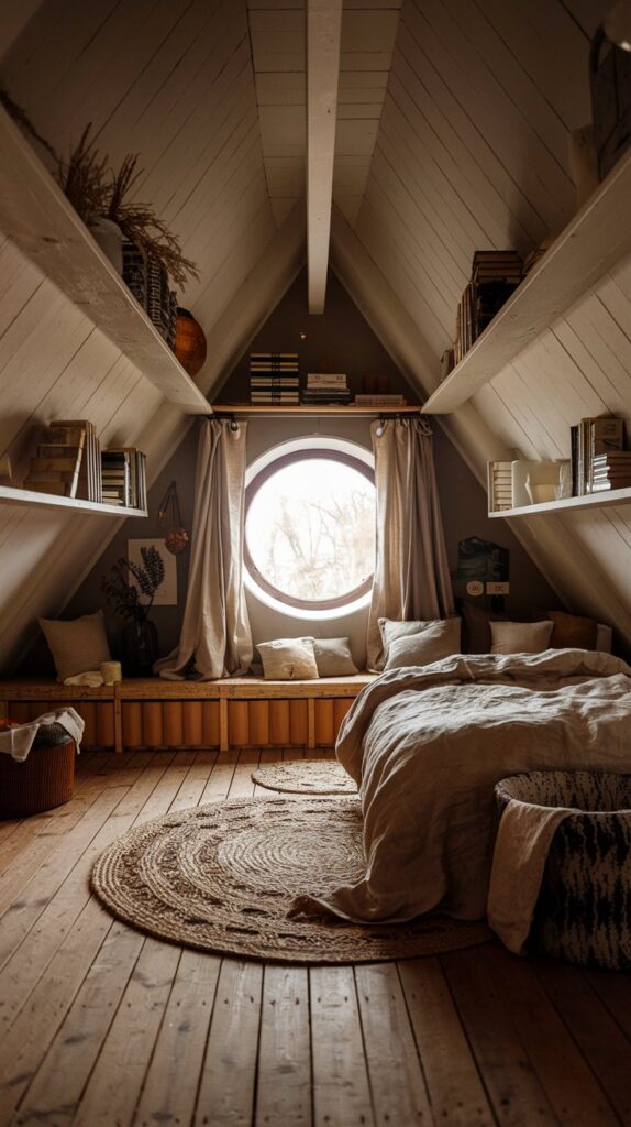 Attic bedroom ideas with natural fibers and textiles