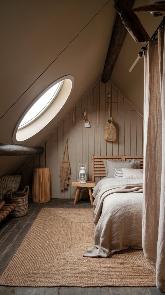 Attic bedroom ideas with natural fibers and textiles