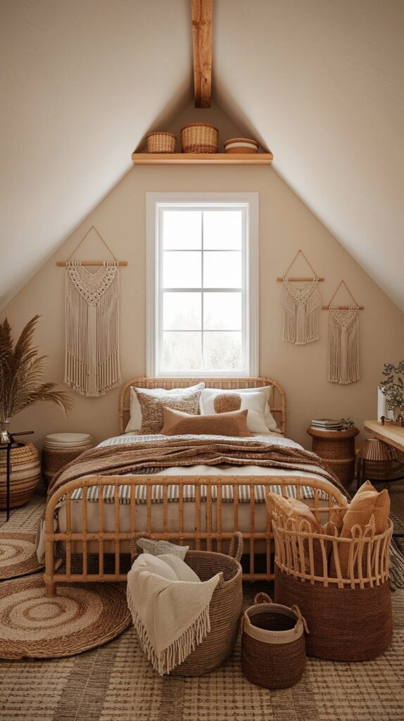 earthy attic bedroom ideas with rattan decor and large windows