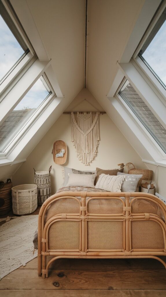 cozy attic bedroom ideas with rattan decor