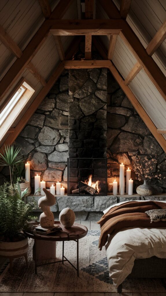 earthy attic bedroom designs with stone fireplace