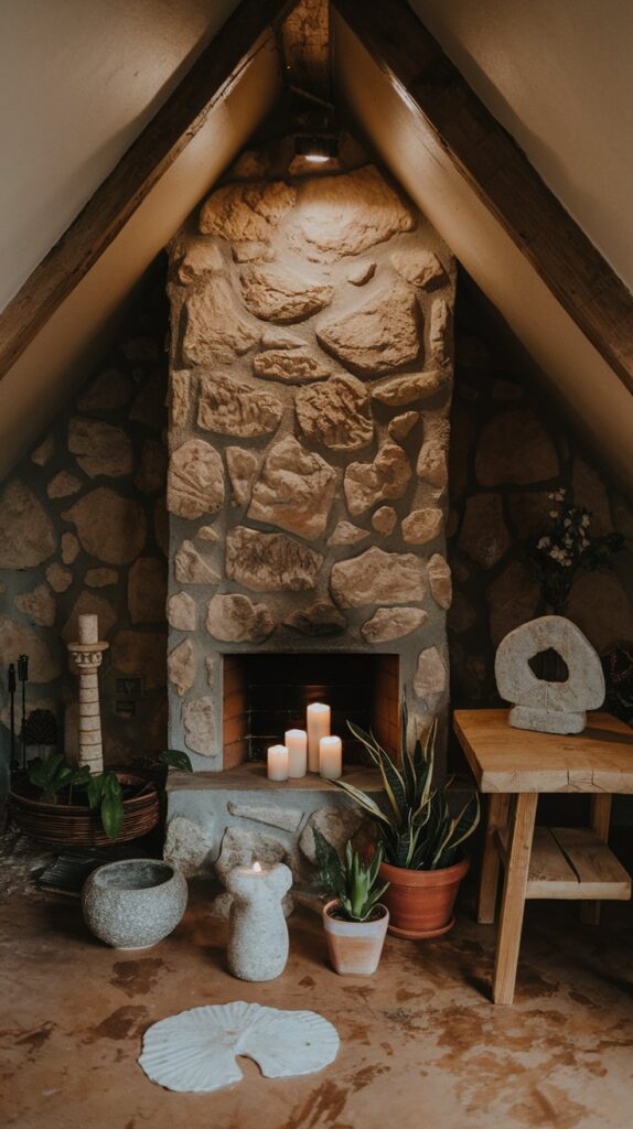 earthy attic bedroom designs with stone fireplace