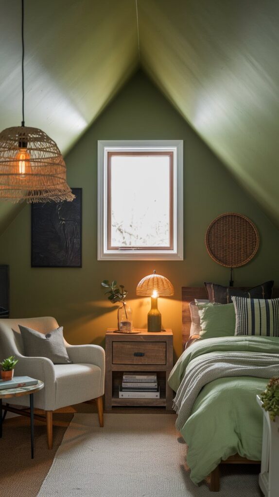 earthy attic bedroom design with plants and lighting