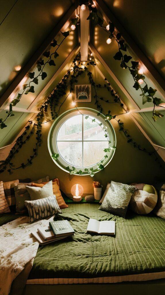 earthy attic bedroom design with plants and lighting