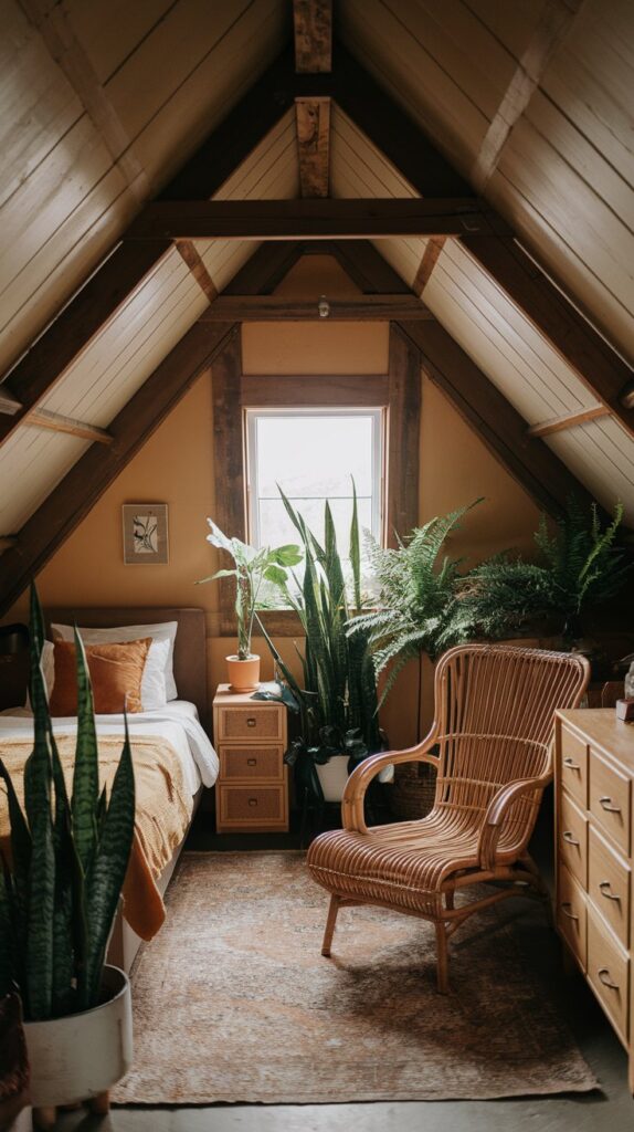 Earthy Attic Bedroom Designs with plants