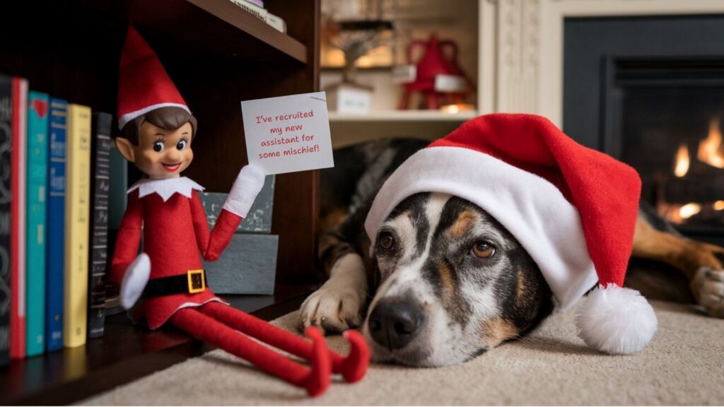 funny elf on shelf with dog