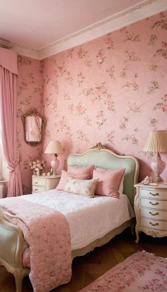 french grandma core bedroom with floral wallpaper