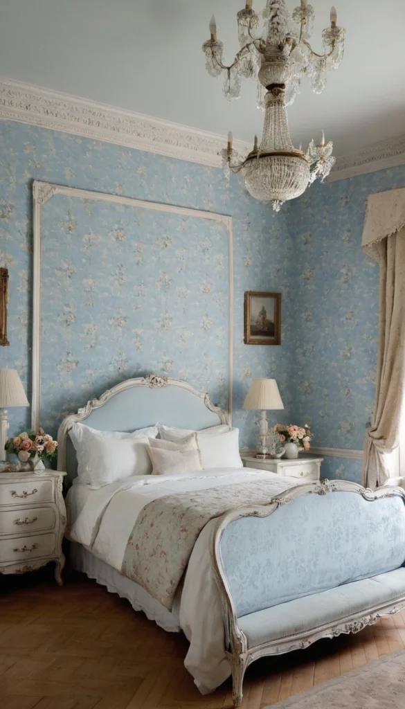 french grandma core bedroom with floral wallpaper