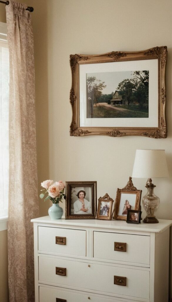 modern grandma core bedroom with antique wall arts