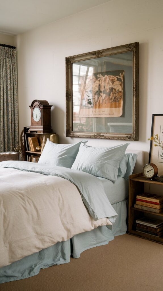 modern grandma core bedroom with antique wall arts