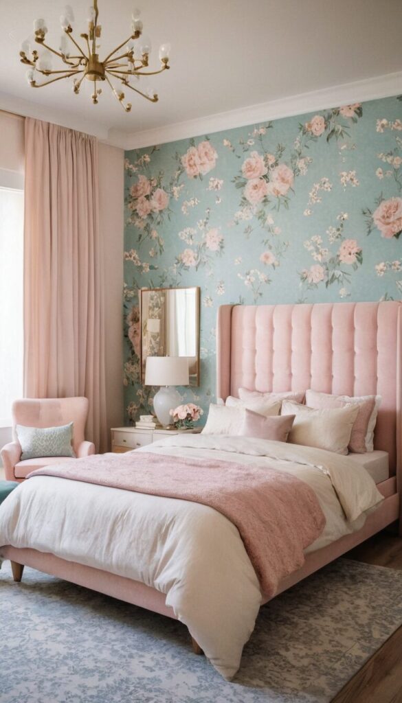 modern grandma core bedroom with floral wallpapers