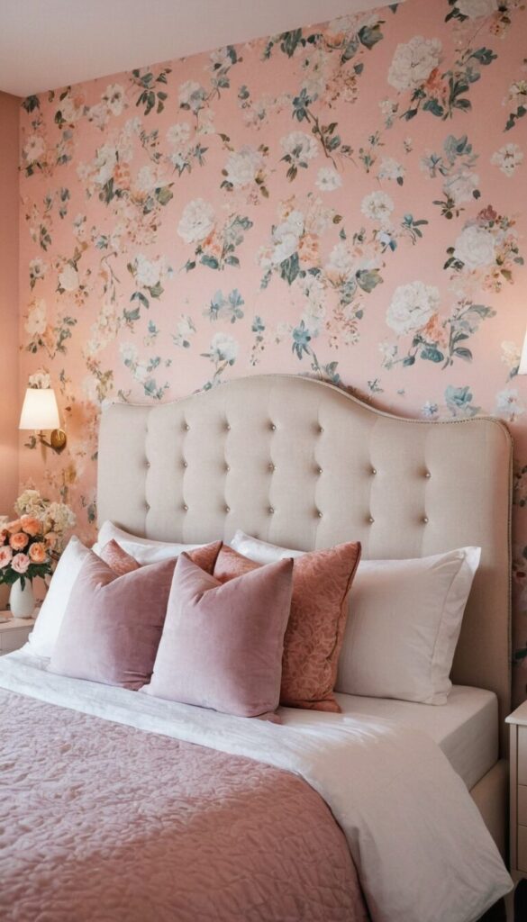 modern grandma core bedroom with floral wallpapers