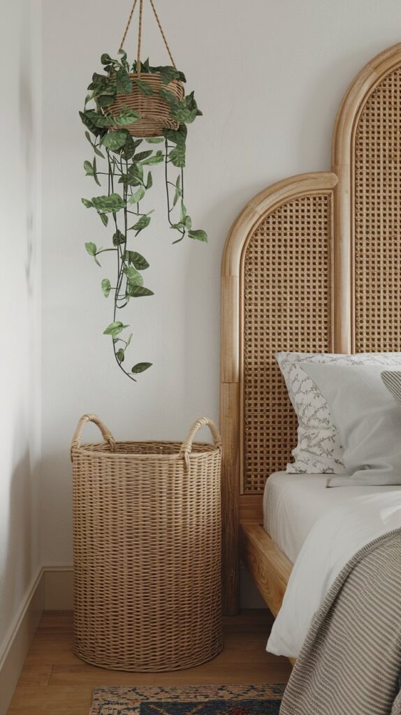 modern grandma core bedroom with rattan furniture