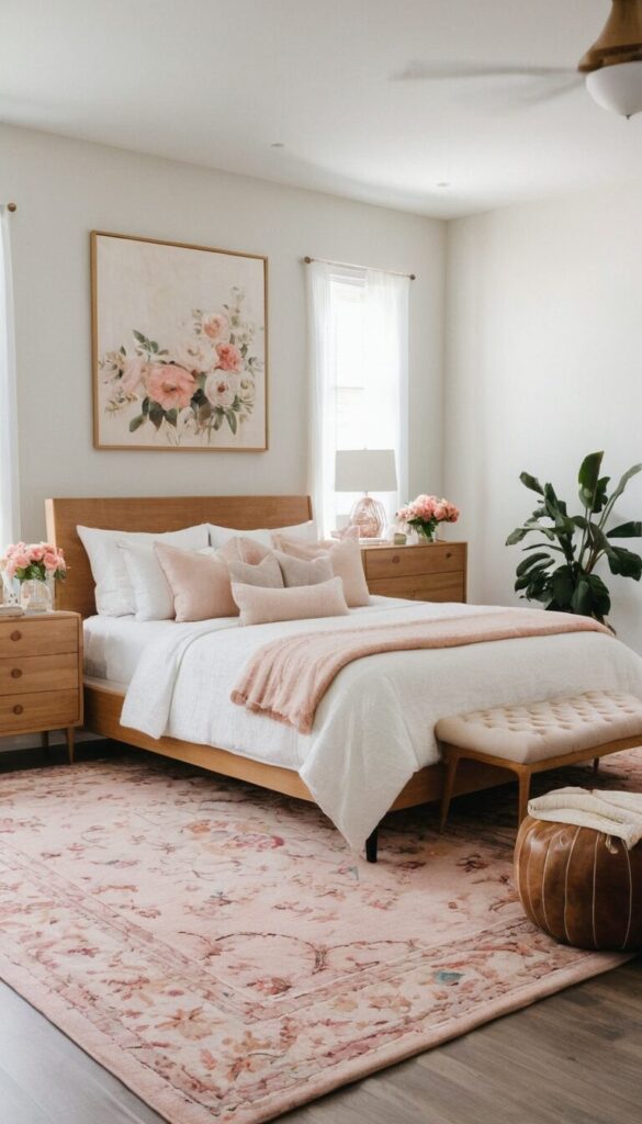 modern grandma core bedroom with floral rugs