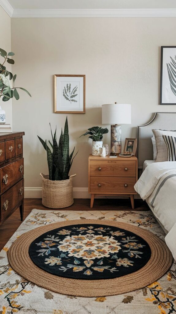 modern grandma core bedroom with floral rugs