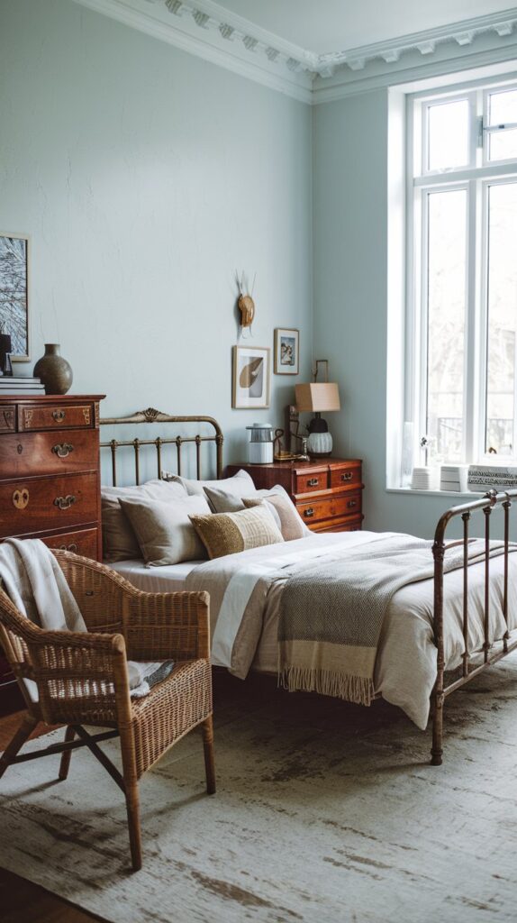 modern grandma core bedroom with vintage dresser