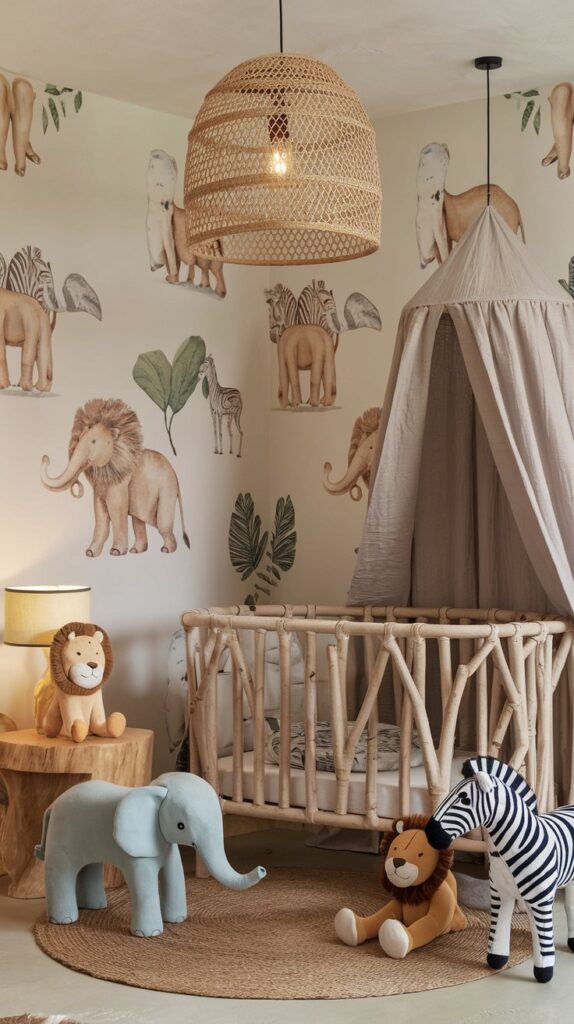 baby nursery in neutral animal theme with string lights