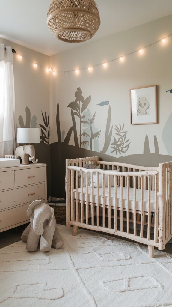 baby nursery in neutral animal theme with string lights