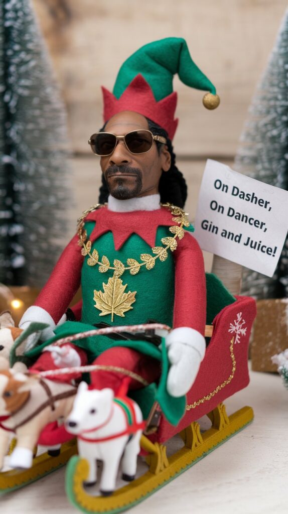 a snoop doll with a small note saying "On Dasher, on Dancer, on Gin and Juice!"