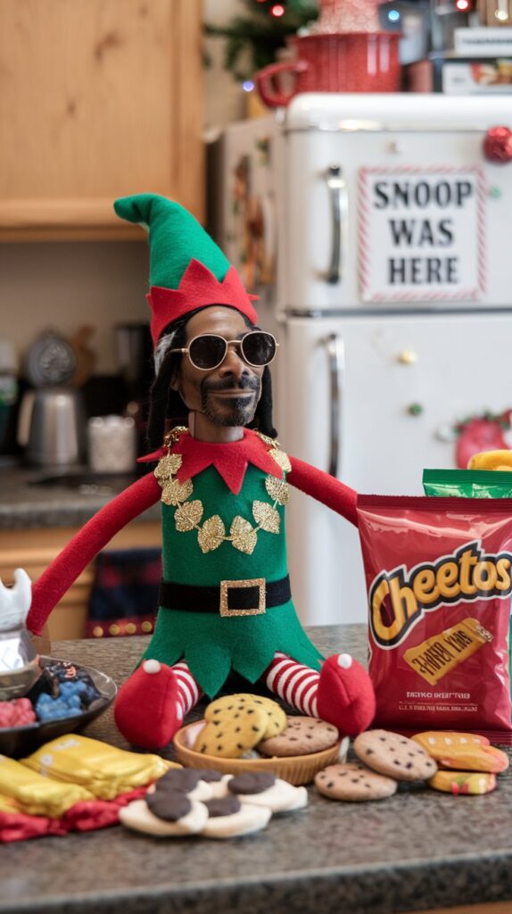 a snoop doll sitting on kitchen countertop with snacks