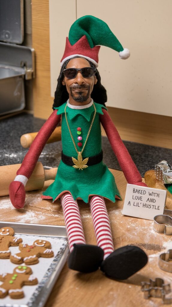 snoop doll in a baking setup with a note "Baked with love and a lil’ hustle"