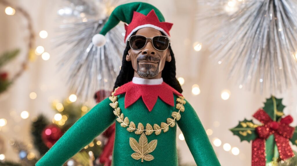 snoop elf doll wearing a green dress and leaf necklace