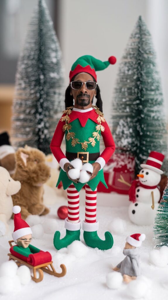 a snoop doll on a snowy setup, holding a cotton ball rolled up like snow