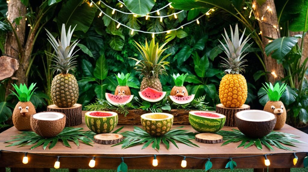 Anything But a Cup Party idea with jungle themed vessels with fruits