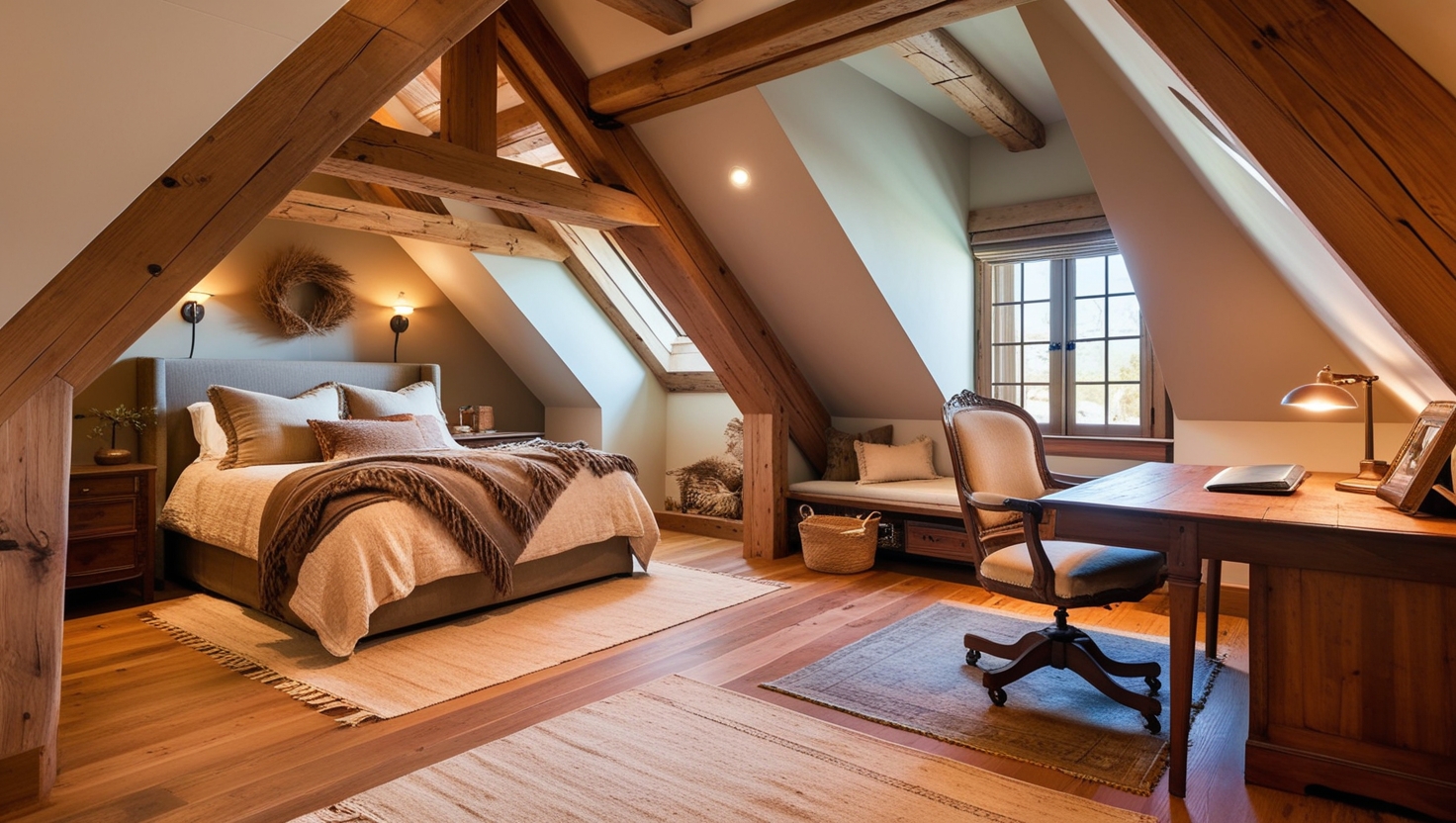 attic bedroom with a bed and office space